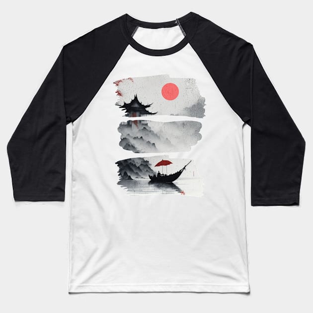Boat and Red Sun Baseball T-Shirt by InktuitionCo